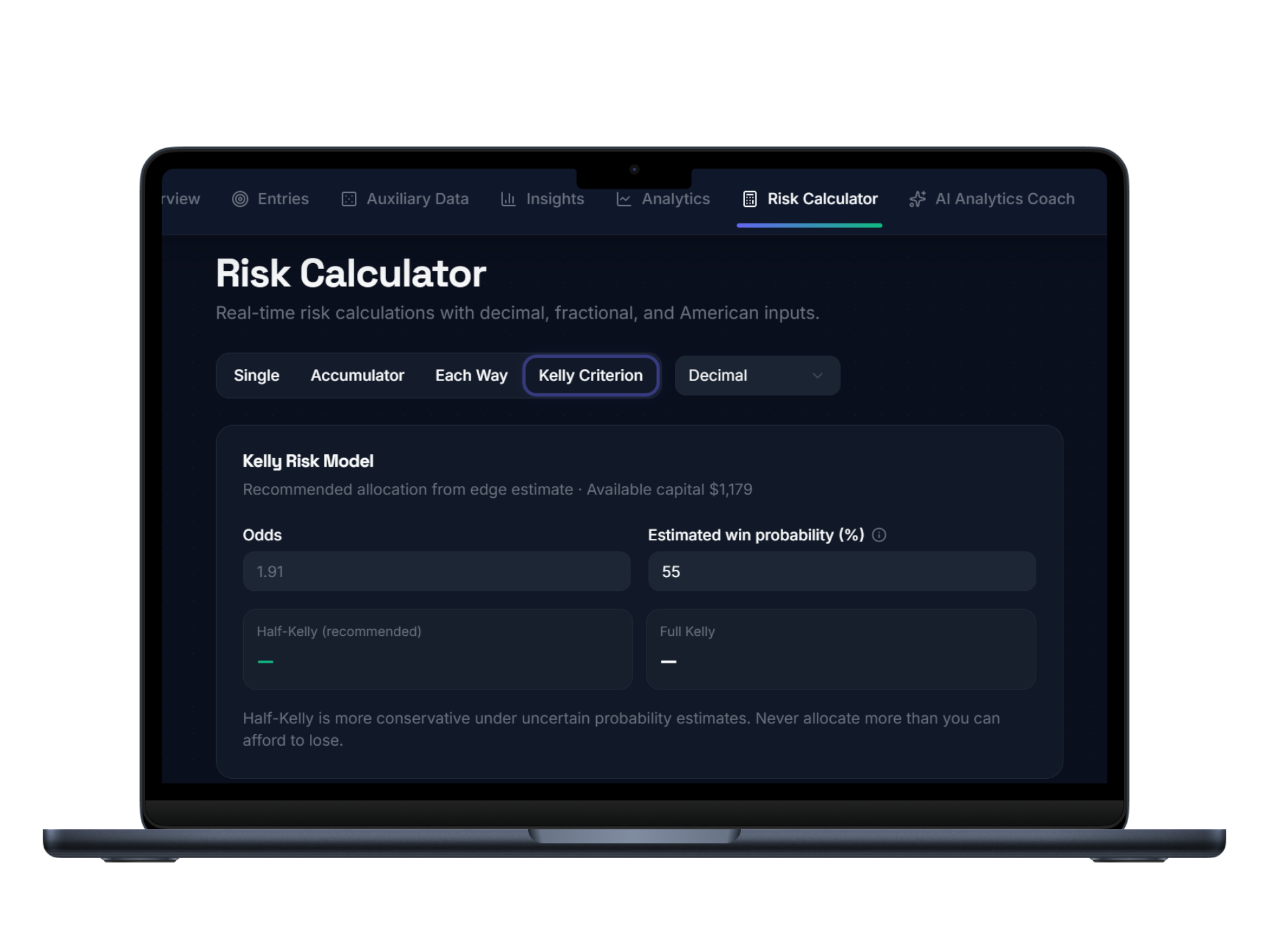 BetLens analytics dashboard on laptop showing ROI by day and performance breakdown
