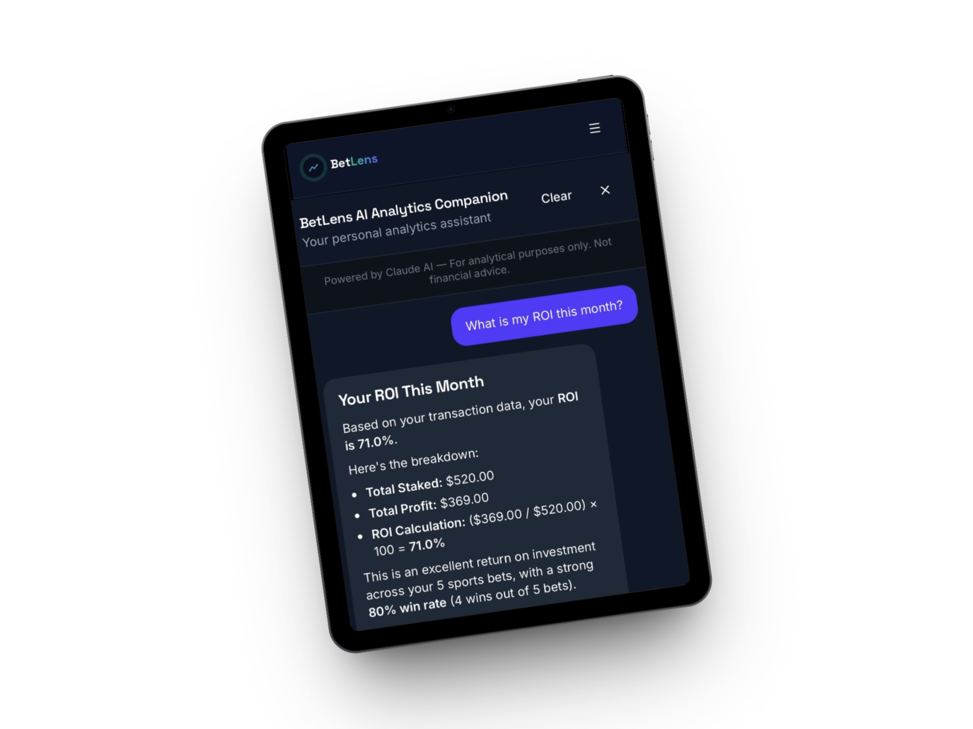 BetLens AI companion chat on iPhone showing natural language analytics conversation